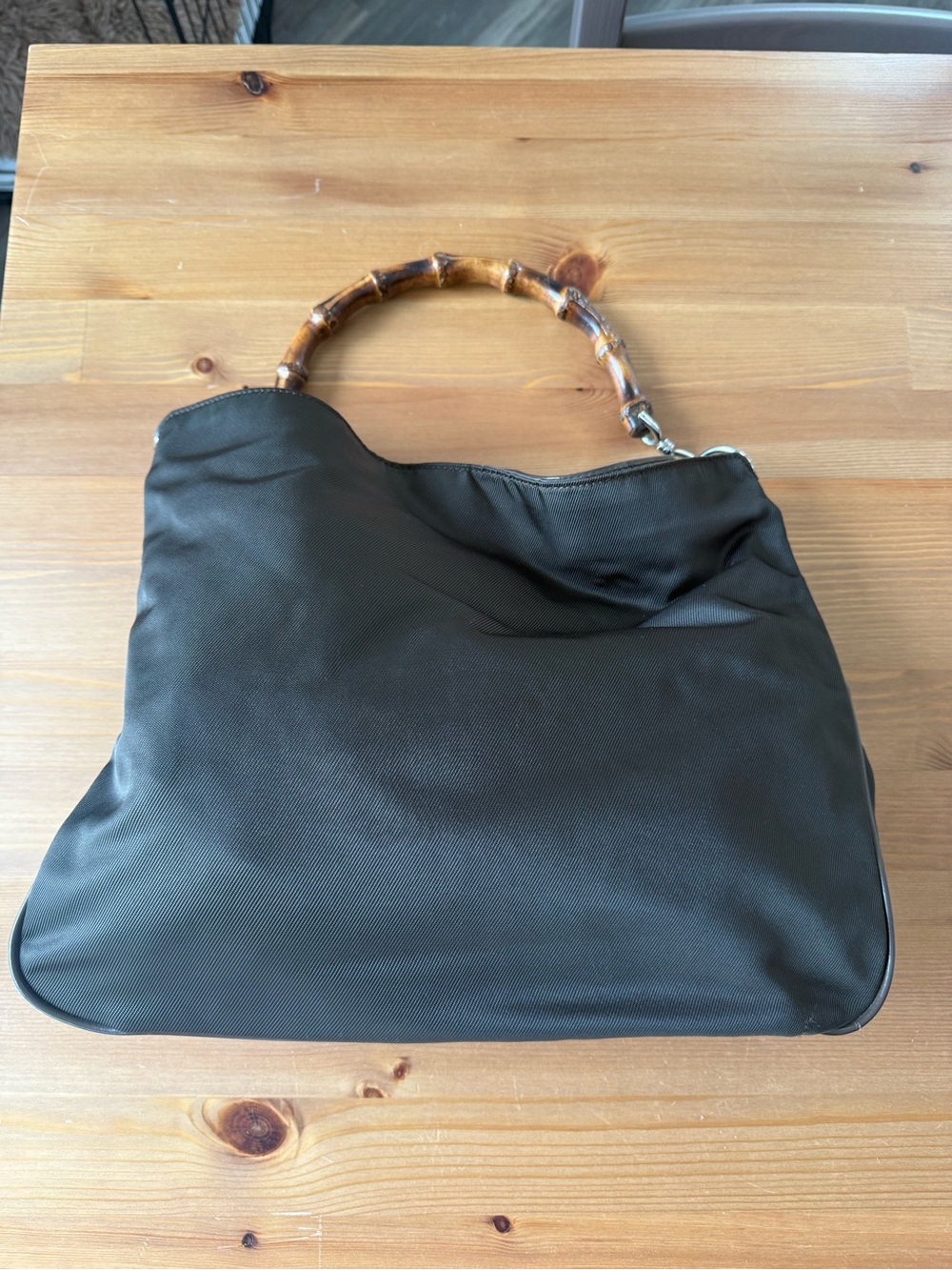 Vintage Gucci Dark Green Nylon Shoulder Bag with Bamboo Handle